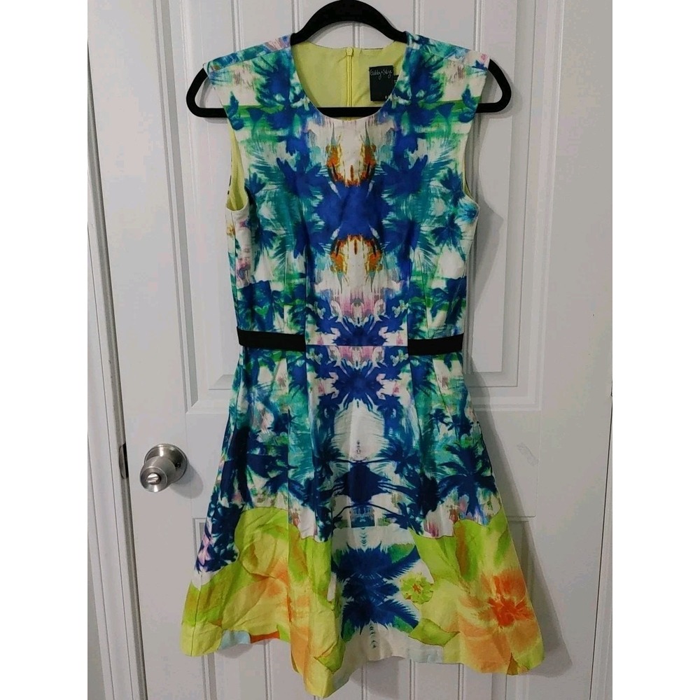 Gabby Skye Blue White Green Floral‎ A-Line Dress Fit & Flare Size 4